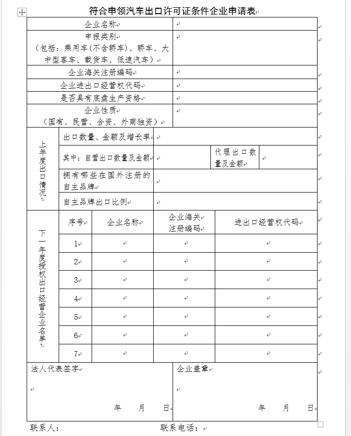 符合申领汽车出口许可证条件企业申请表